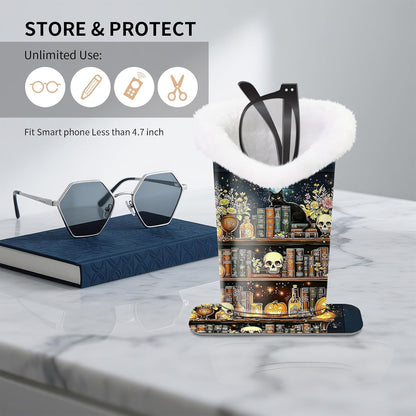 Plush Lined Eyeglasses Holder, Cute Magnetic PU Leather Glasses Stand Case for Women Men Kids