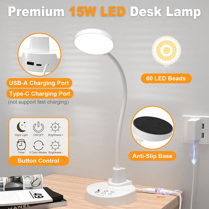 15W LED Desk Lamp with USB Charging Ports – Dimmable Table Lamp with 3 Color Temps, 5 Brightness, 4 Timers, Flexible Gooseneck Light with Base, Eye-Caring Reading Light for Home Office, Bedroom, Study