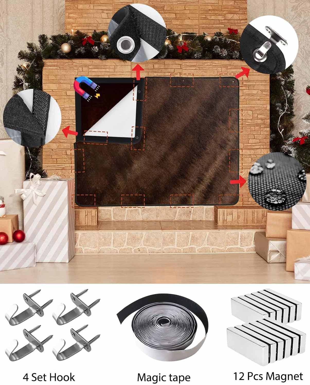 Rustic Wood Magnetic Fireplace Cover, Fireplace Draft Blocker, Brown Wooden Planks Farmhouse Vintage Fireplaces Blanket for Heat Loss/Cold Air, Fireplaces Draft Stopper Cover for Inside 39"x32"