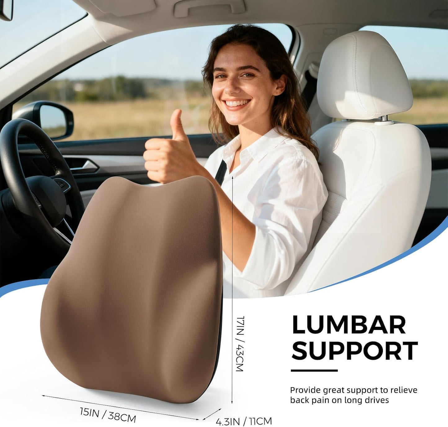BEBAS Ergonomic Lumbar Support Pillow for Car, Memory Foam Car Back Cushion | Comfort Lumbar Pillow for Back Pain Relief, Breathable Washable Cover, Fits for Driving, Office, Wheelchair, Black