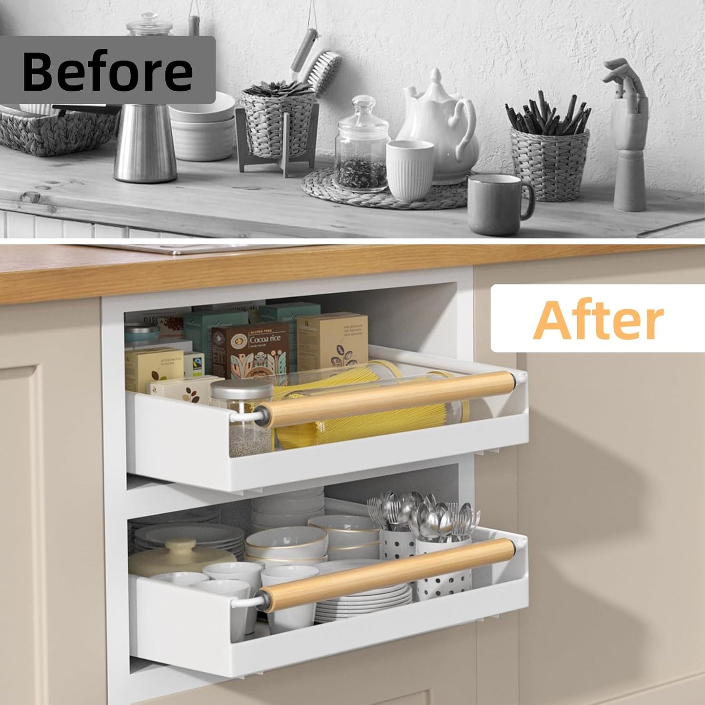 2 Pack 15.3'' Deep Expandable Slide Out Cabinet Shelf No-Drill Pull Out Drawer with Nano Film Adhesive, Heavy Duty Pull Out Tray for Kitchen, Pantry & Bathroom, Black
