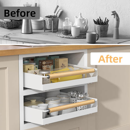 2 Pack 15.3'' Deep Expandable Slide Out Cabinet Shelf No-Drill Pull Out Drawer with Nano Film Adhesive, Heavy Duty Pull Out Tray for Kitchen, Pantry & Bathroom, Black