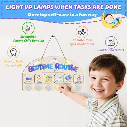 Morning Routine Chart for Toddlers, Visual Schedule Chart Planner | to Do List with 6 Tap Lights & 10 Activity Cards, Wooden Checklist Schedule Board for Kids, Autism, Preschoolers, ADHD Tools