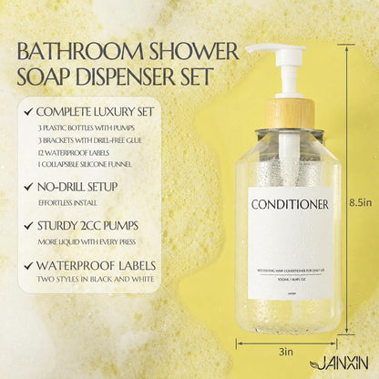 Shampoo and Conditioner Dispenser Set of 3 for Wall Mount | 16.9 fl oz Drill Free Shower Soap Bottles,Refillable Body Wash Dispensers for Bathroom Decor (Amber Bottles + Bamboo Pumps)
