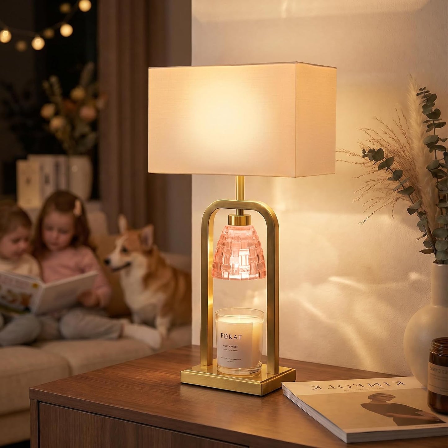 PoKat Gold Table Lamp Candle Warmer, Candle Warmer Lamp with Timer Dimmer, Wax Light Warming Table Lamp for Jar Candles, Modern Bedside Lamp for House Warming Home Decor Living Room, Bulb Included