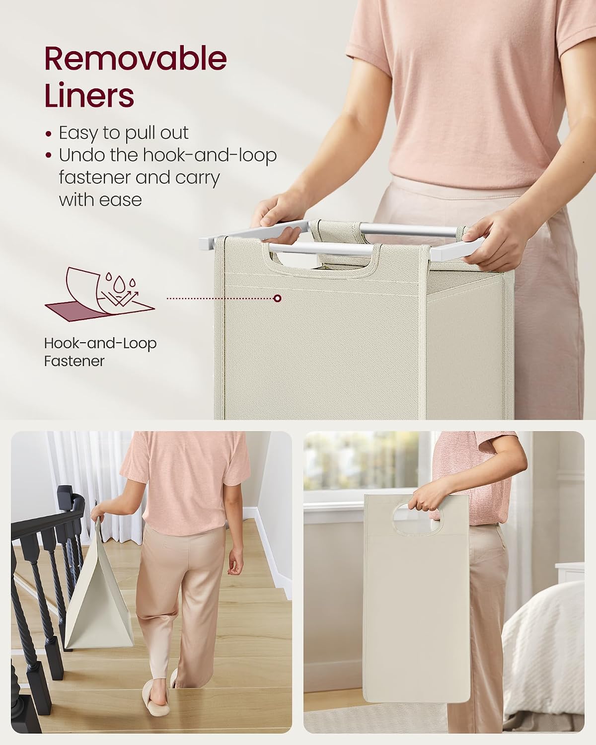 VASAGLE Laundry Hamper, Laundry Basket Sorter with 3 Pull-Out and Removable Bags, Shelf, Metal Frame, 3 x 10.6 Gallons (40 L), 36.4 x 13 x 28.4 Inches, Cappuccino Beige and Natural Beige UBLH301LH01