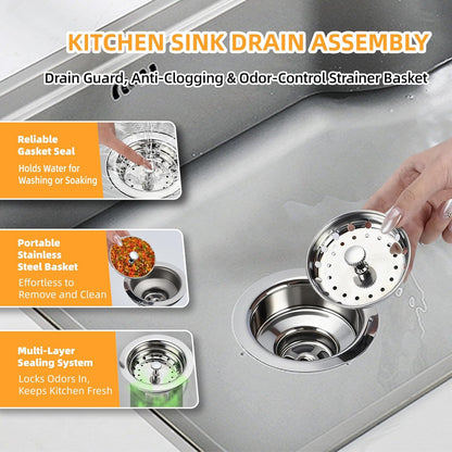 Kitchen Sink Drain Assembly, Basket Strainer with Knob, 3-1/2 Inch Sink Drain Stopper Plug, Threaded Plastic Sink Strainer Tailpiece 1-1/2 in