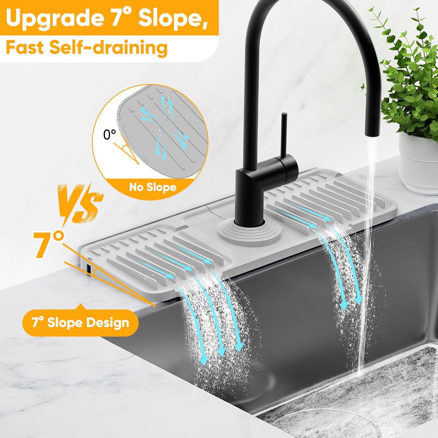 24'' Longer Faucet Mat for Kitchen Sink Splash Guard[7° Slope Fast Self-draining][Snap Lock Fit]Kitchen Sink Faucet Mat Splash Guard Kitchen Sink Area Water Splash Guard Behind Faucet Draining Mat