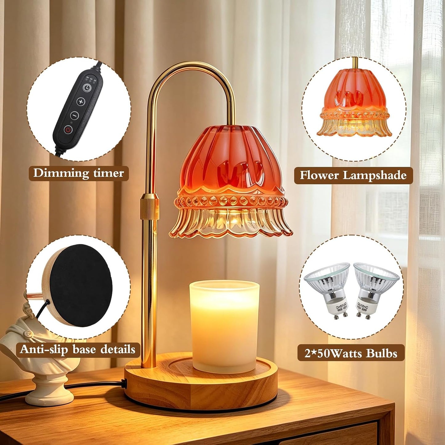 Candle Warmer Lamp with Timer,Birthday Gifts for Women Home Decor | Timer Dimmable,Height Adjustable,Glass Lampshade,Holiday Gift,Includes 2 Bulbs