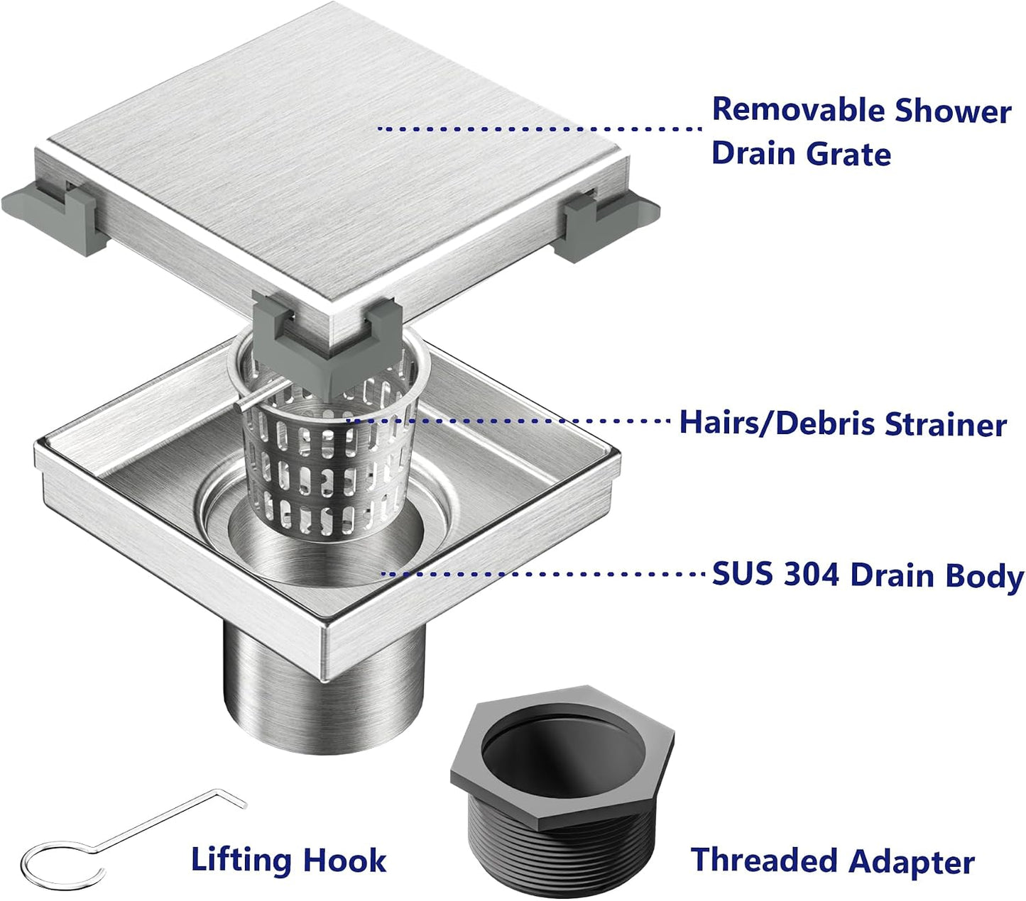 Neodrain 4" Brushed Square Shower Drain with Removable Tile Insert Grate | 304 Stainless Steel Tile Square Drain, Hidden Drain,Easy to Clean, Waterproof & Sturdy Shower Drain, CUPC Certified