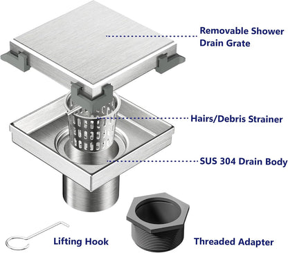 Neodrain 4" Brushed Square Shower Drain with Removable Tile Insert Grate | 304 Stainless Steel Tile Square Drain, Hidden Drain,Easy to Clean, Waterproof & Sturdy Shower Drain, CUPC Certified
