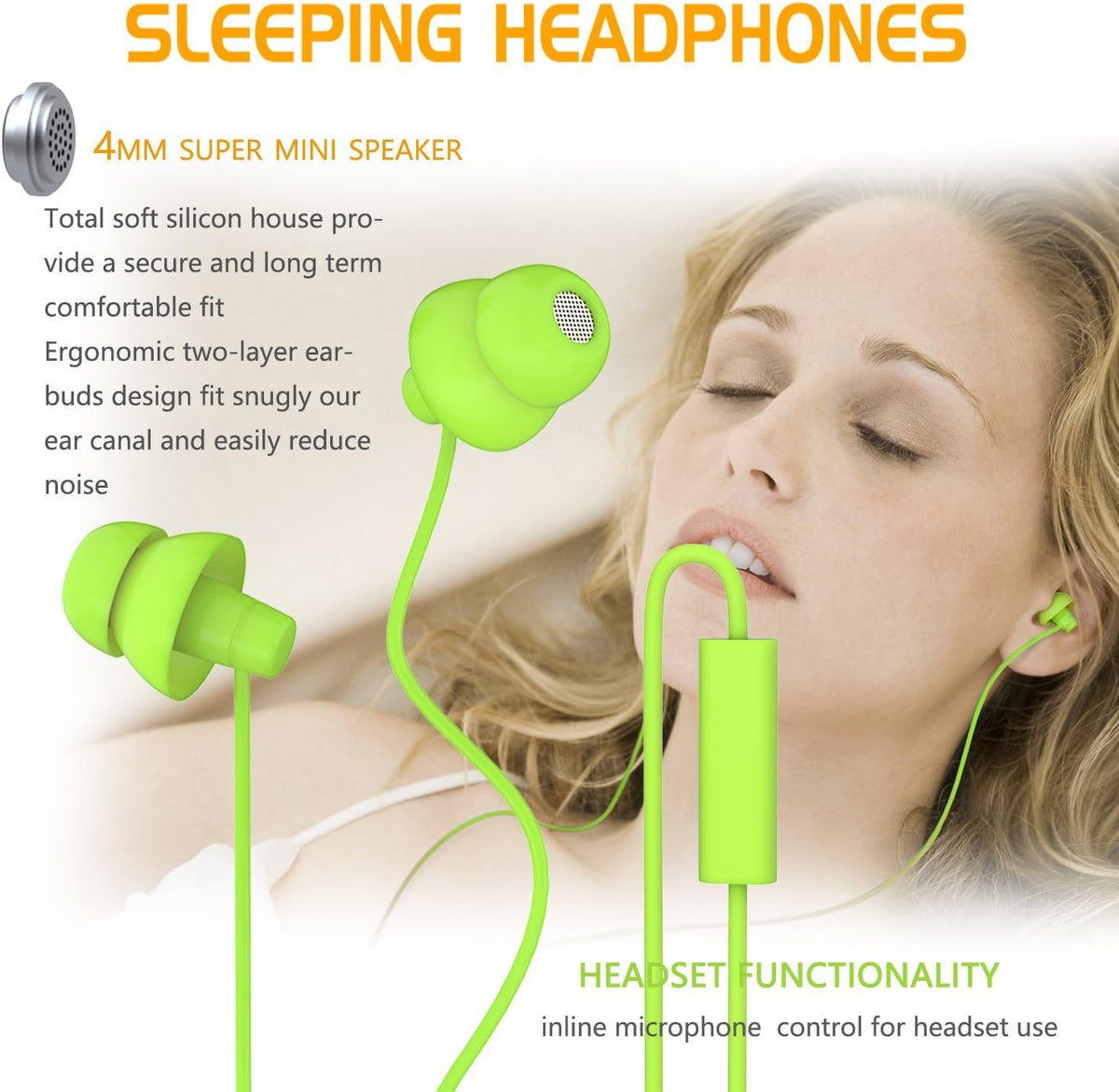 MAXROCK Wired Sleep Earphones Soft Sleep Earbuds Total Silicon Sleeping Headphones with in-line Mic for Cellphones, Mp3, Tablet pocasts 3.5mm, Green