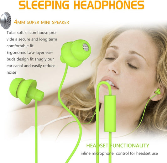 MAXROCK Wired Sleep Earphones Soft Sleep Earbuds Total Silicon Sleeping Headphones with in-line Mic for Cellphones, Mp3, Tablet pocasts 3.5mm, Green