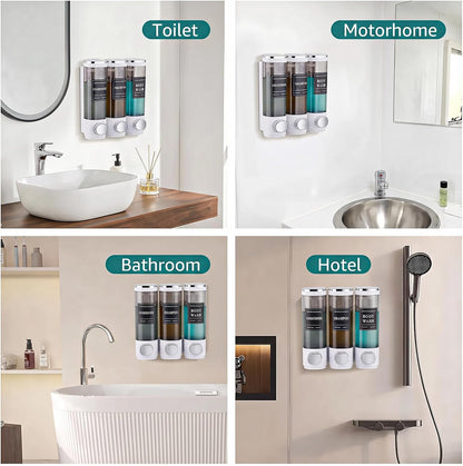 Wall Mounted Shower Soap Dispenser 3 Chamber,No Drill Shower Dispenser | Shampoo and Conditioner Dispenser for Bathroom Hotel Large Capacity, each 300ml with two waterproof labels,Gold