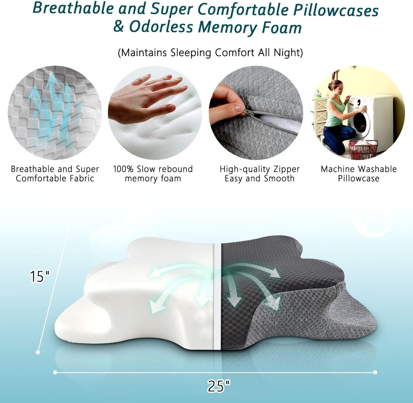 CHxxy Memory Foam Pillows, Cervical Pillow for Neck & Shoulder Pain Relief | Ergonomic Contour Bed Pillow, Soft for Side Sleep Stomach Sleeping and Back Sleeper-Queen Size&Grey
