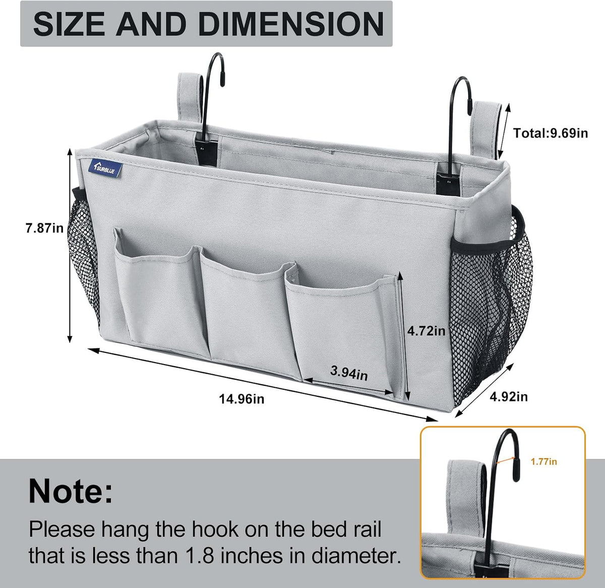 Surblue Bedside Organizer with Hook Bedside Caddy Hanging Storage Bag with Adjustable Straps and Water Bottle Holder for Home College Dorm Bunk Bed Accessories, Crib Bed Rails, Hospital Bed, Black