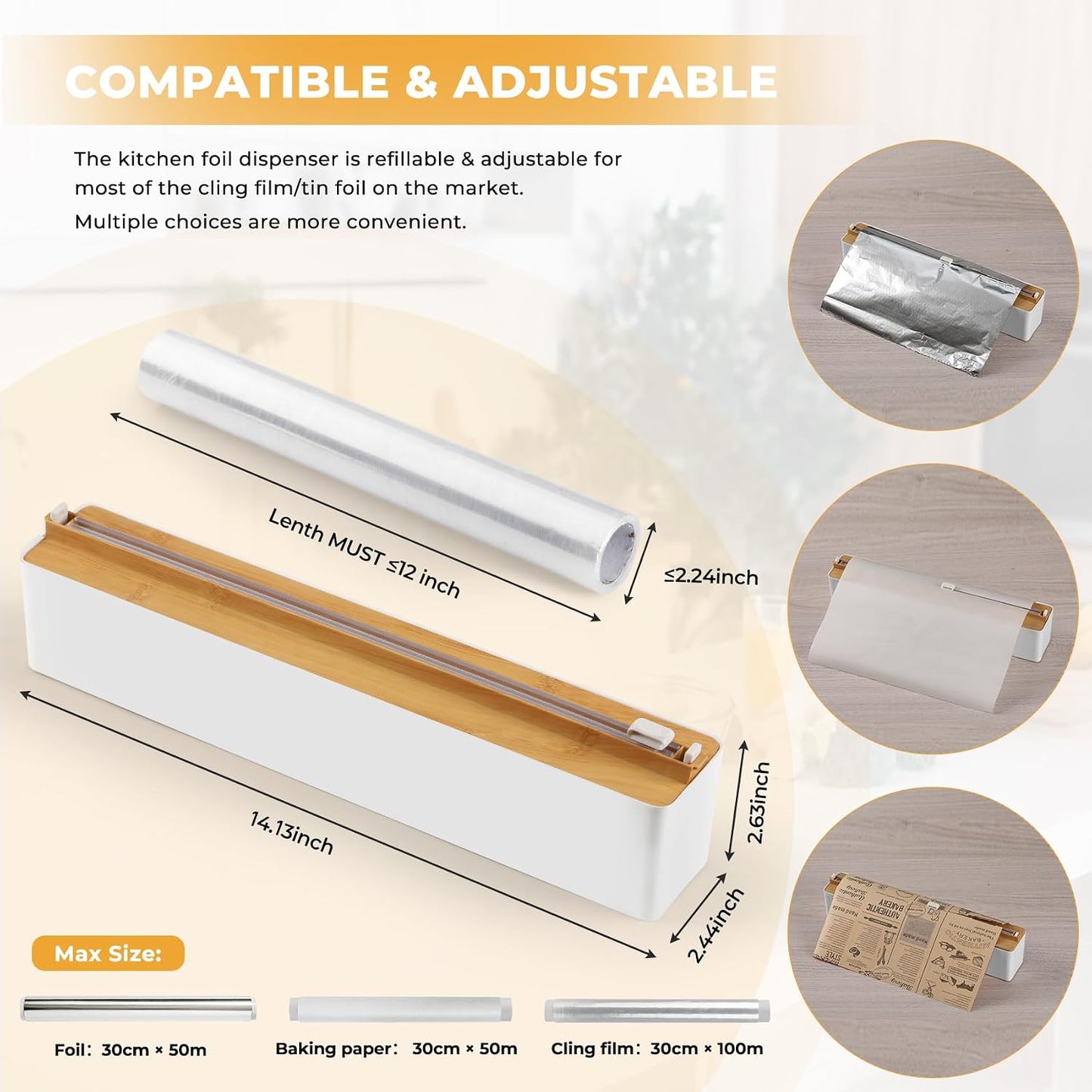 Magnetic Plastic Wrap Dispenser with Cutter - Practical Refillable Aluminum Tin Foil and Plastic Wrap Organizer for Drawer, Including an Extra Roll of 12"X 164' Food Cling Film - Black
