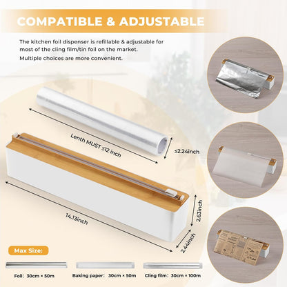 Magnetic Plastic Wrap Dispenser with Cutter - Practical Refillable Aluminum Tin Foil and Plastic Wrap Organizer for Drawer, Including an Extra Roll of 12"X 164' Food Cling Film - Black
