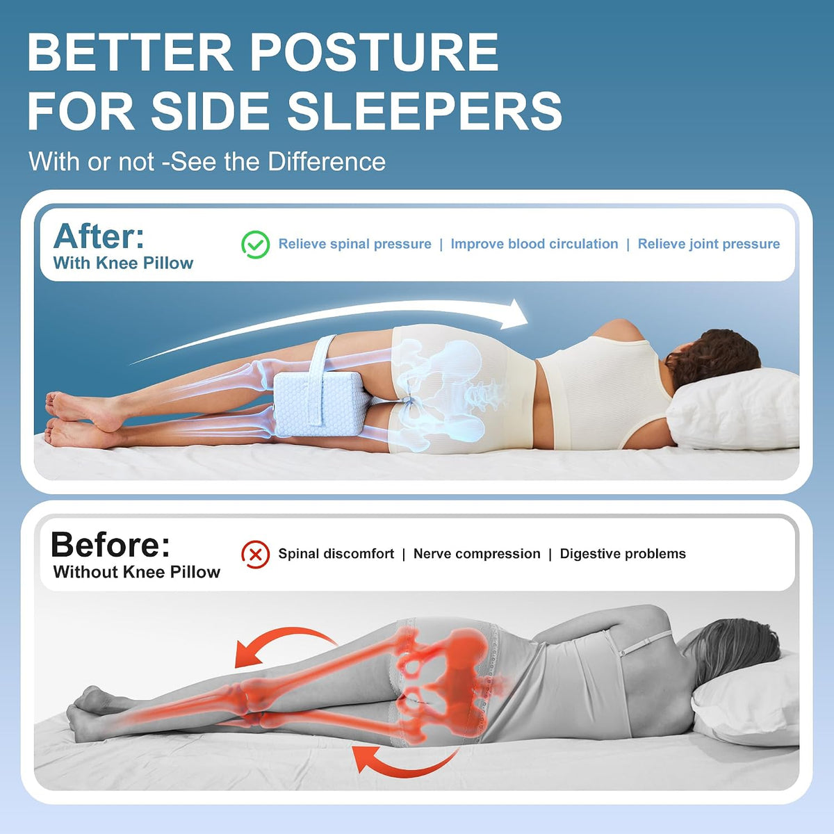 UJPFEO Knee Pillow for Side Sleepers, Leg Pillow for Sciatica, Back, HIPS, Knees, Joints Pain Relief,Pillows for Between Legs While Sleeping Spine Alignment Support & Relieves Pressure,Cooling White