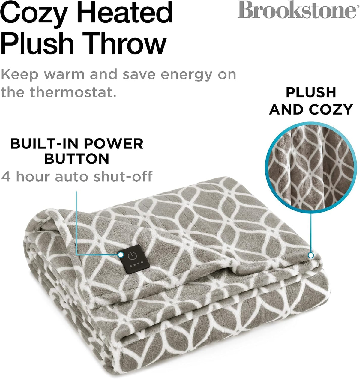 Brookstone Electric Heated Plush Throw Blanket, 50 x 60 in, Blue Trellis