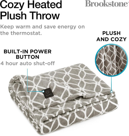 Brookstone Electric Heated Plush Throw Blanket, 50 x 60 in, Blue Trellis
