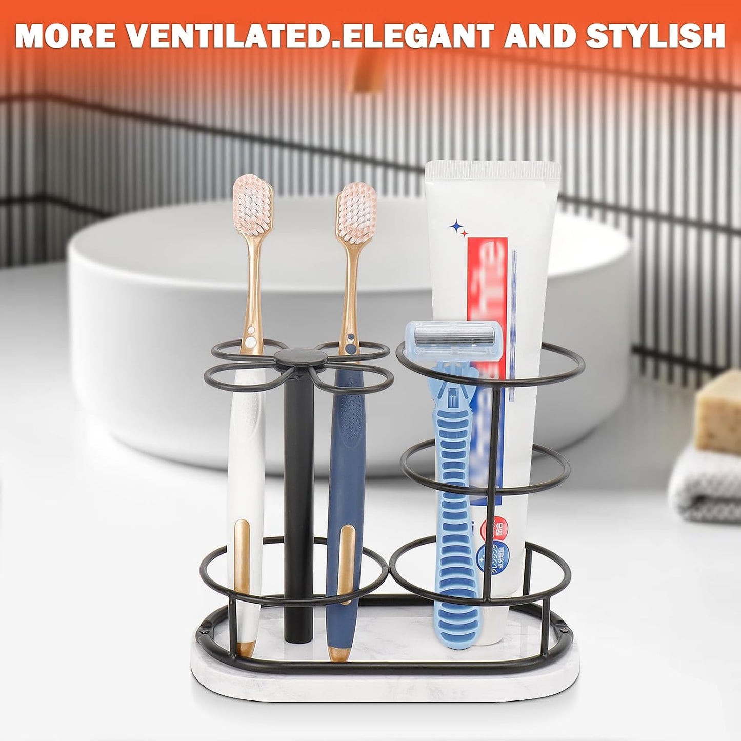 Toothbrush Holder Stand for Bathroom, Metal Toothbrush Organizer with Marble Base, Toothbrush Storage Collection for Family, Suitable for Home Hotel Countertop Vanity (Small, Matte Black)