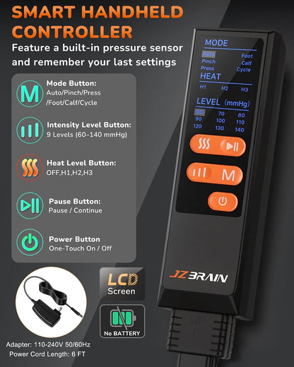JZBRAIN Leg Compression Massager with Heat for Circulation, Pain Relief | Foot and Calf Massage Therapy, 9 Intensity, 6 Modes, 3 Heating, Plug-in Use, Massage for Women, Men, Father, Mother