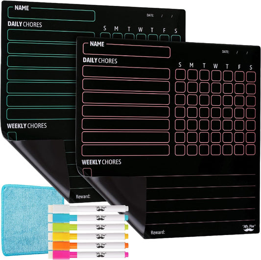 Mr. Pen- Magnetic Dry Erase Chore Chart for Fridge, 10"x10", 2 Pack | 6x Fine Point Markers, Refrigerator Magnetic Chore Chart Dry Erase for Multiple Kids, Teens and Adults