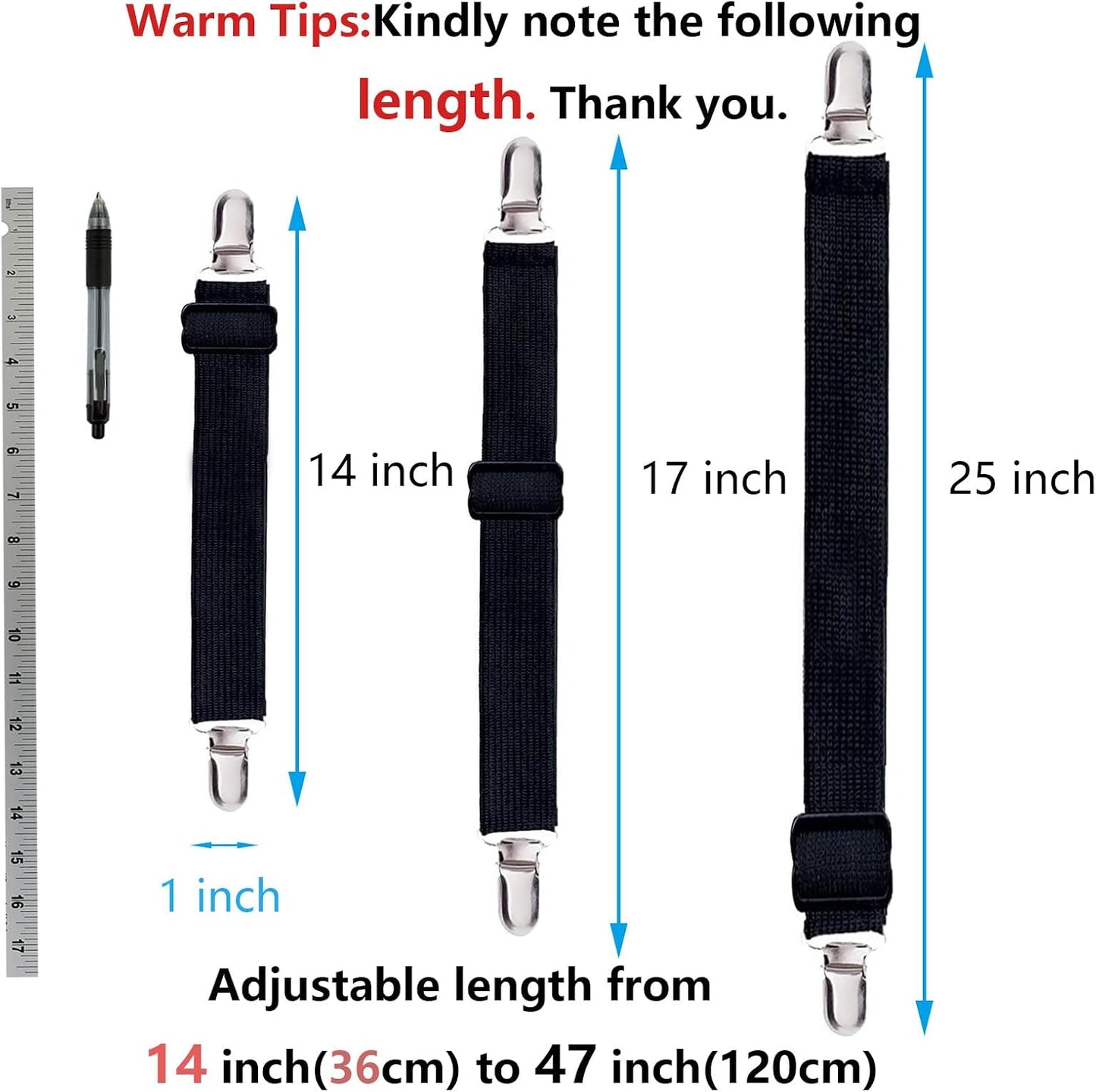 10 pcs Adjustable Bed Sheet Straps,Bed Sheet Clips, Elastic Bed Fitted Sheet Holder from 14 to 47 Inch,Couch/Sofa Cover Straps,Sheet Fastener Suspenders,Fitted Sheet Straps Clips,White