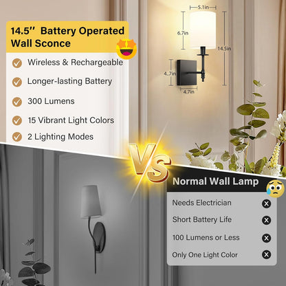 Battery Operated Wall Sconces Set of 2, Rechargeable Sconces with Remote