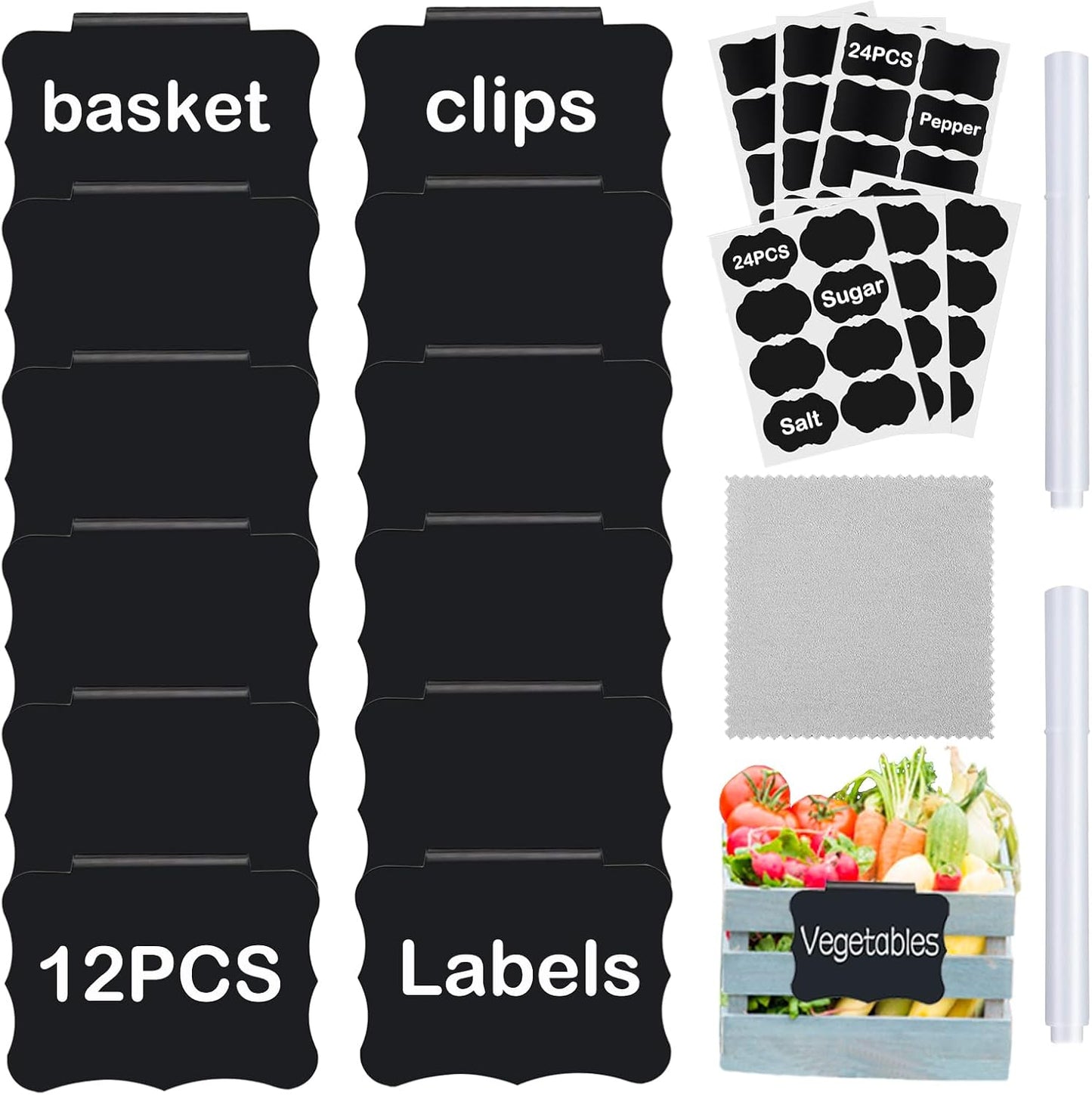 20 Basket Labels Clip On, Reusable Labels for Storage Bins, Removable Chalk Labels for Containers, Kitchen Closet Baskets and Storage Basket Holders with 2 White Chalk Markers