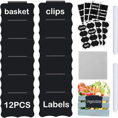 20 Basket Labels Clip On, Reusable Labels for Storage Bins, Removable Chalk Labels for Containers, Kitchen Closet Baskets and Storage Basket Holders with 2 White Chalk Markers