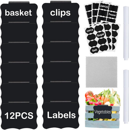 20 Basket Labels Clip On, Reusable Labels for Storage Bins, Removable Chalk Labels for Containers, Kitchen Closet Baskets and Storage Basket Holders with 2 White Chalk Markers