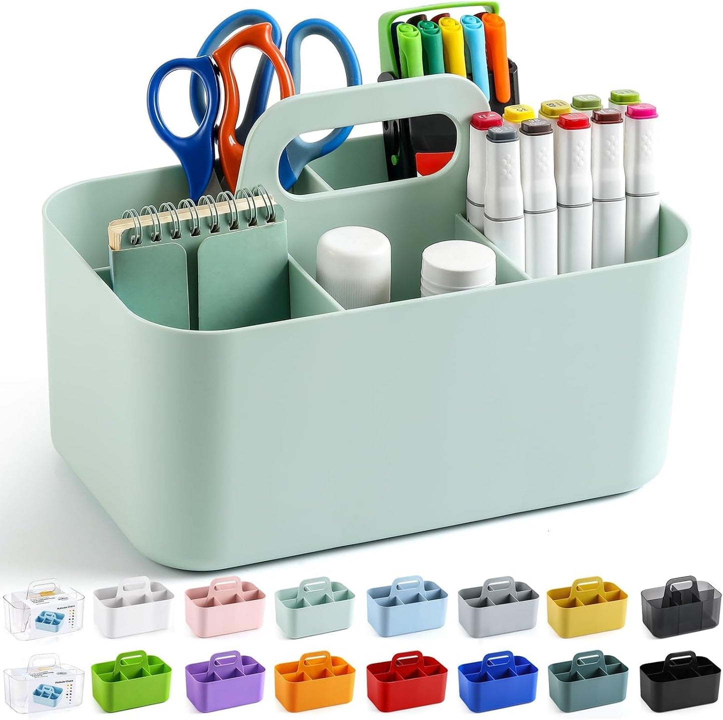 Multiuse Caddy Organizer with Handle, Portable Divided Plastic Tote Bin - Art Craft, Stationary Pen Marker Crayons, Makeup Hair Supplies Storage - Bathroom, Classroom, Dorm, Office, Desk Holder - Grey