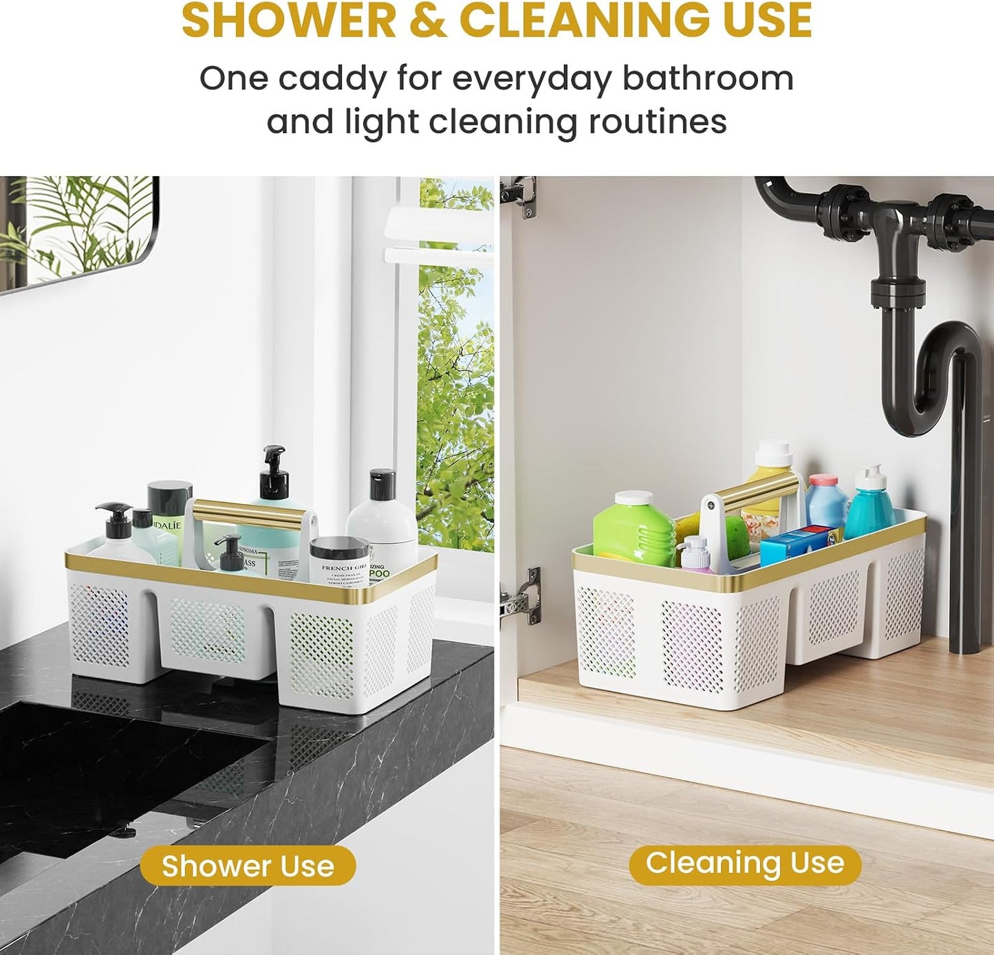 BYUNER Portable Cleaning & Shower Caddy with Handle: Rigid Plastic Basket with 4 Divided Compartments, All-Side Drainage for College Dorm, Bathroom & Utility Use, Black/Gold