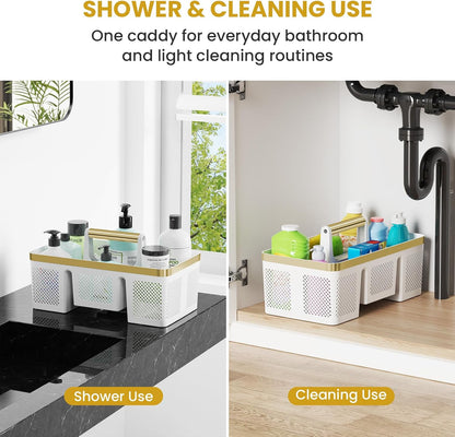 BYUNER Portable Cleaning & Shower Caddy with Handle: Rigid Plastic Basket with 4 Divided Compartments, All-Side Drainage for College Dorm, Bathroom & Utility Use, Black/Gold