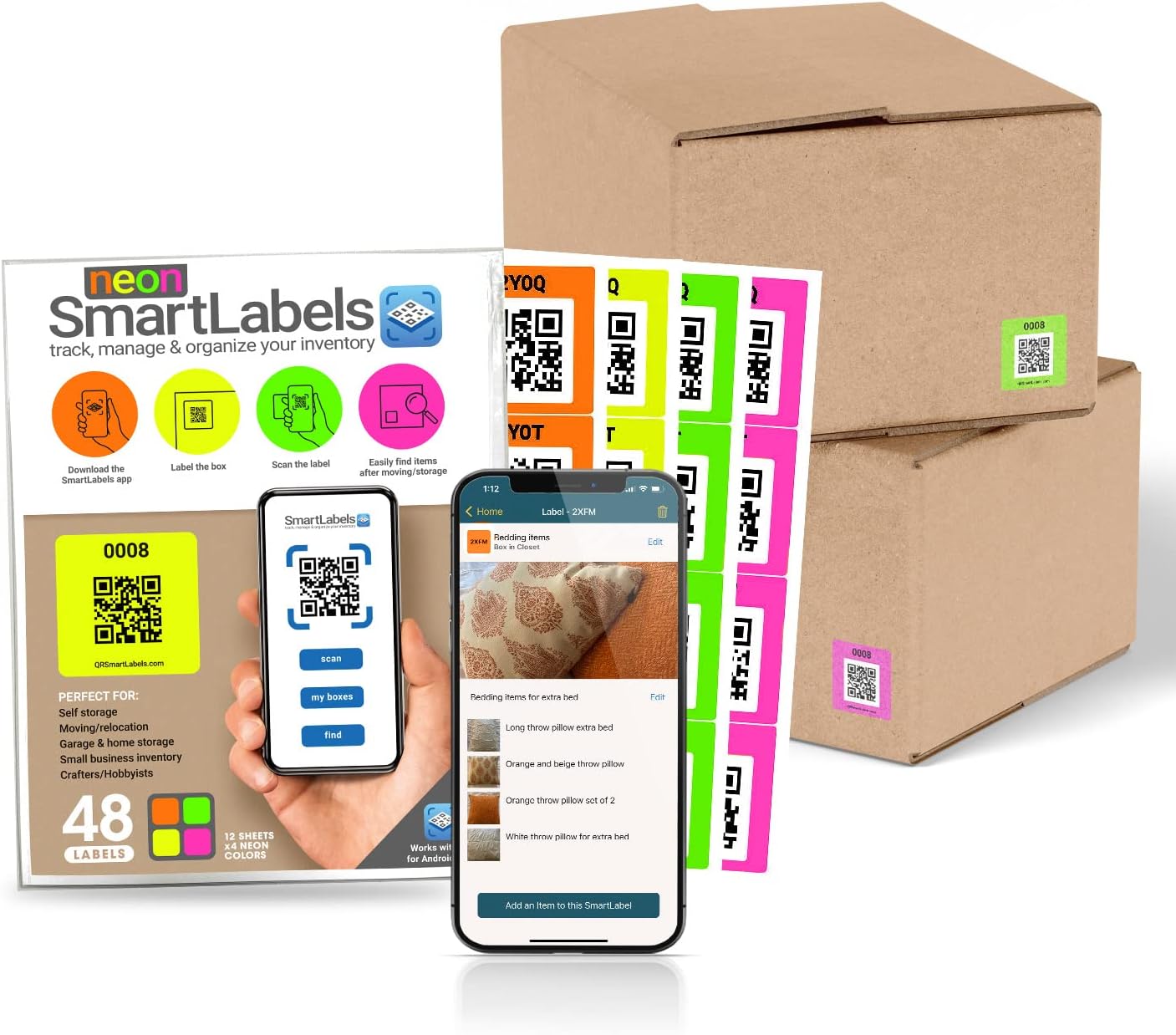 QR Code Stickers with AI Photo Analysis App - Auto-Creates Item Descriptions - No Typing - Made in USA - QR Code Labels for Storage & Inventory Tracking, Organization & Moving, Pack of 48