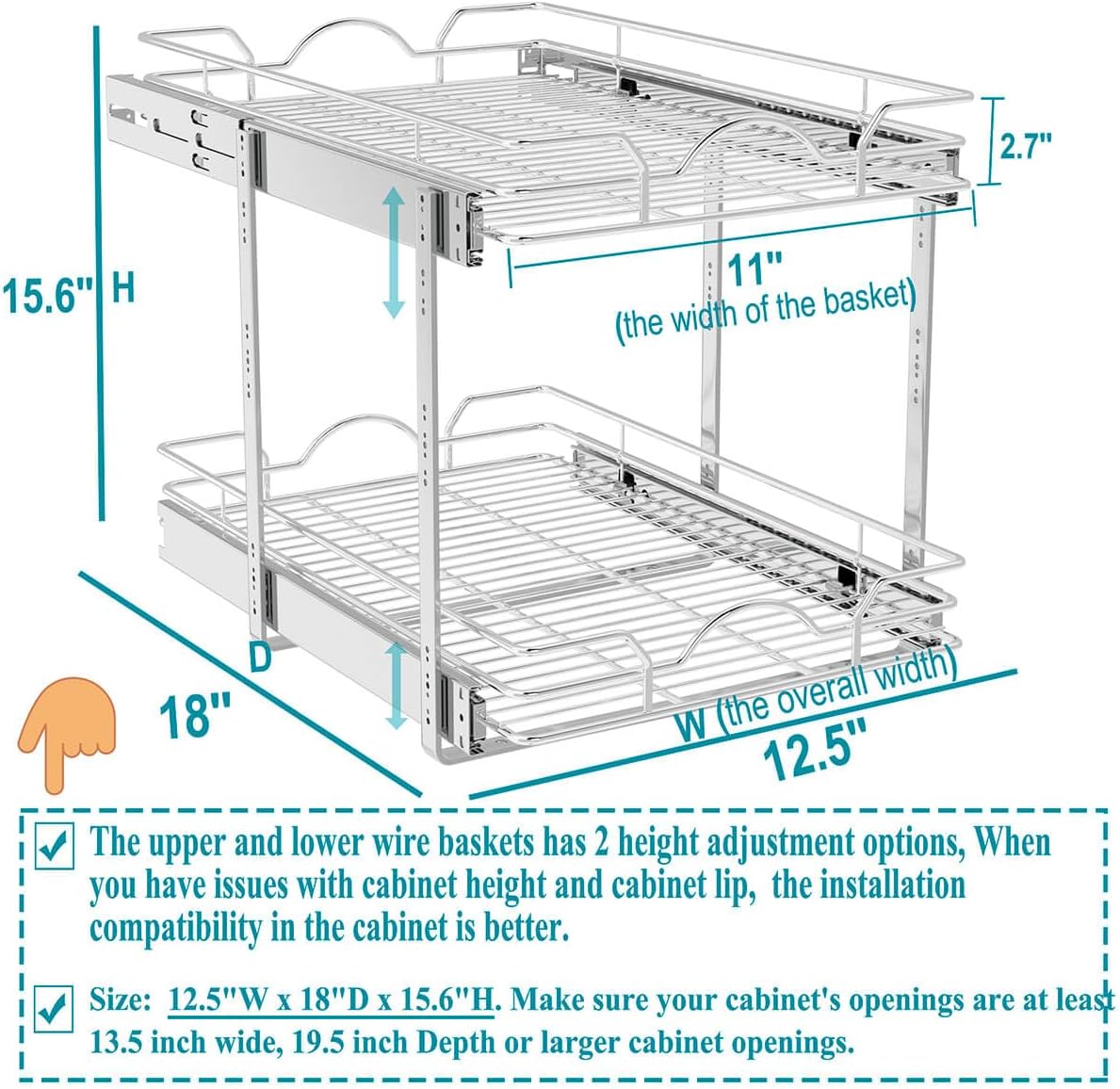 OCG Pull Out Cabinet Organizer (15" W x 21" D), Pull out Drawers, Cabinet Pull Out Shelves for Base Cabinet Organization in Kitchen Bathroom Pantry, Bottom Mount, Chrome Finish