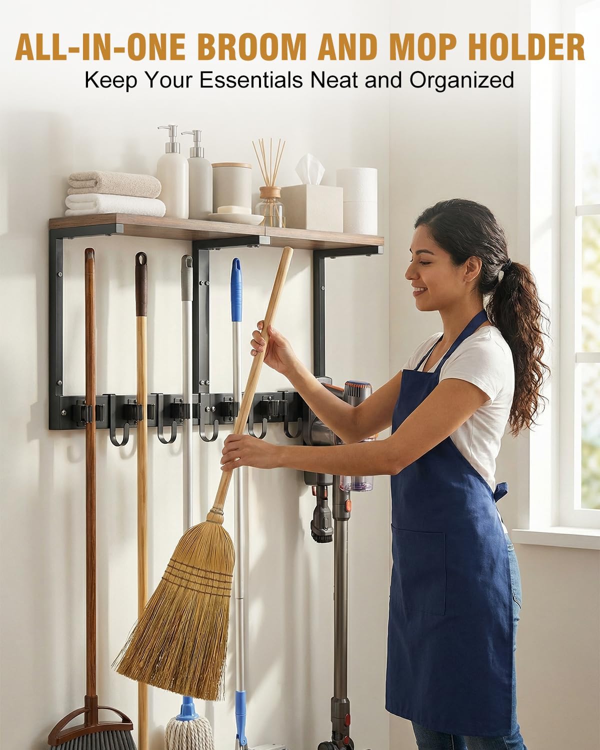 Large Broom Holder Wall Mount with Shelf, Vacuum Organizer, 5 Slots 5 Hooks | Black, 3-In-1 Wall Mount Stores Brooms/Mops/Vacuum, Cleaning Supplies With 5 Grippers/5 Hooks And A Sturdy Wooden Top Shelf