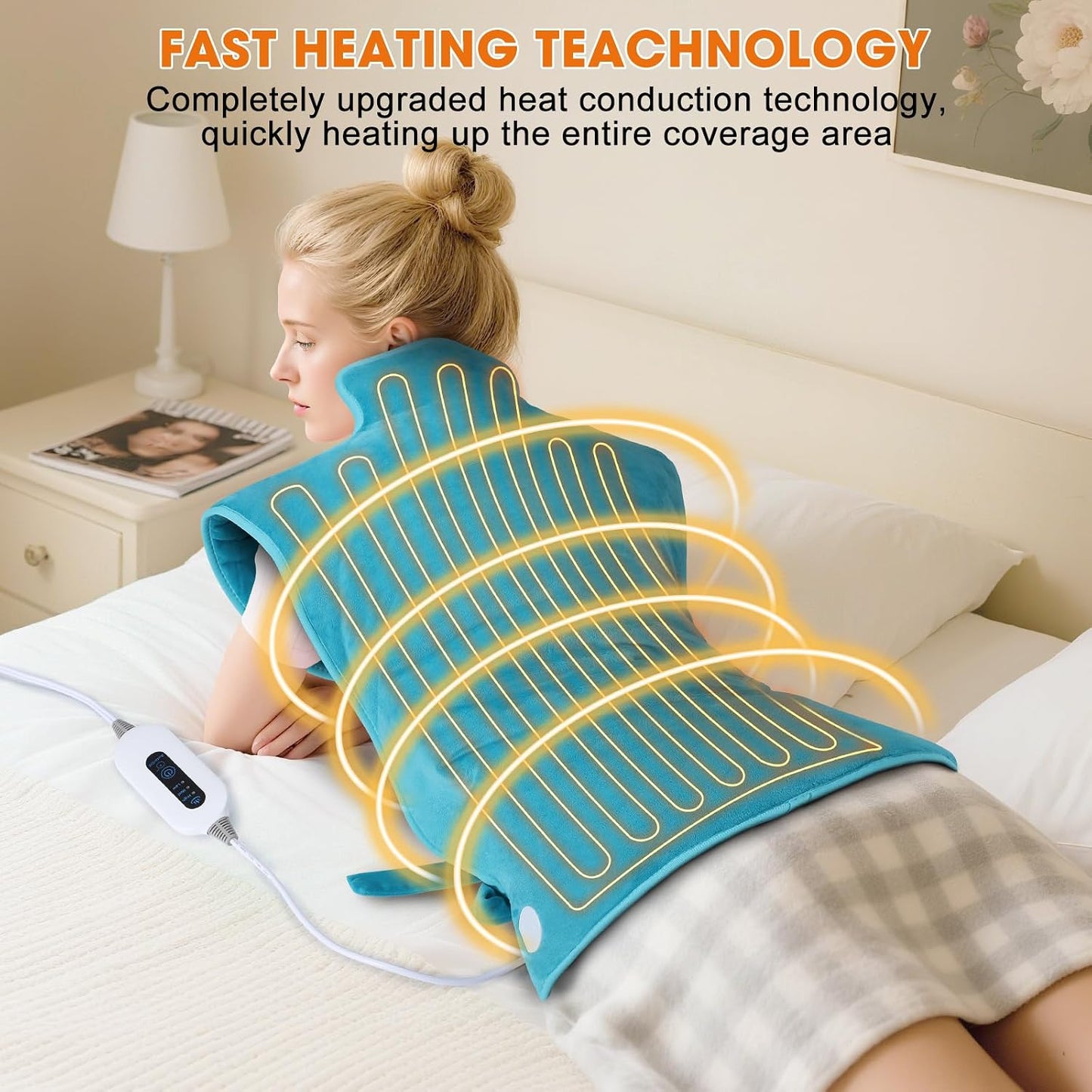 Tovve Heating Pad for Back Neck Shoulders, Large Wearable Relax Muscles, Birthday Gifts for Women Men Mom Dad Elderly, 3 Heat Settings/2-Hour Safe Auto-Off, 24"×37" Ergonomic Fit Design-Blue