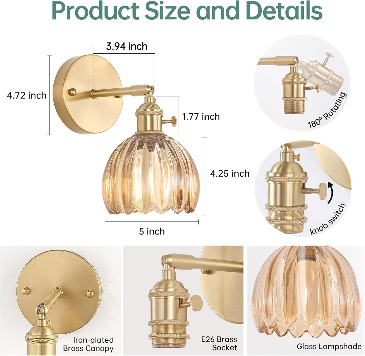 Shenmoyl Vintage Battery Operated Wall Sconce with Green Tulip Glass Lampshade Rechargeable Battery Powered Wall Light with Remote Control for Bedside Bedroom Doorway