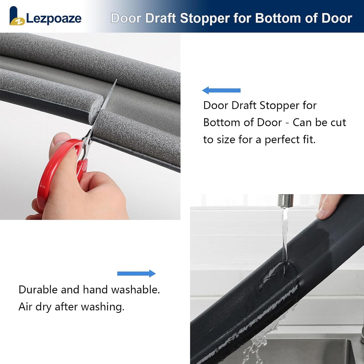 Door Draft Stopper for Bottom of Door - Adjustable Under Door Sweep, No Adhesive, Blocks Cold Air, Hot Air, Noise, Light & Bugs, Weather Stripping Gap Filler, Easy Install, 36" Length, Grey