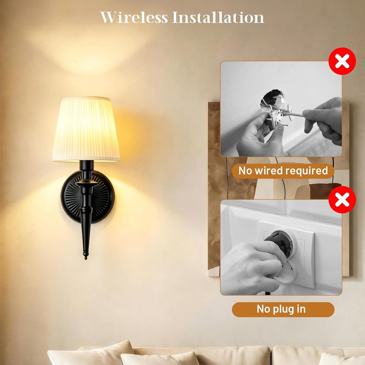 Battery Operated Wall Sconces Set of 2, Wireless Rechargeable Wall Lights with 12 RGB Colors and 3CCT Dimmable, Small Fabric LED Wall Lamps for Bedroom, Living Room, Hallway, Gold