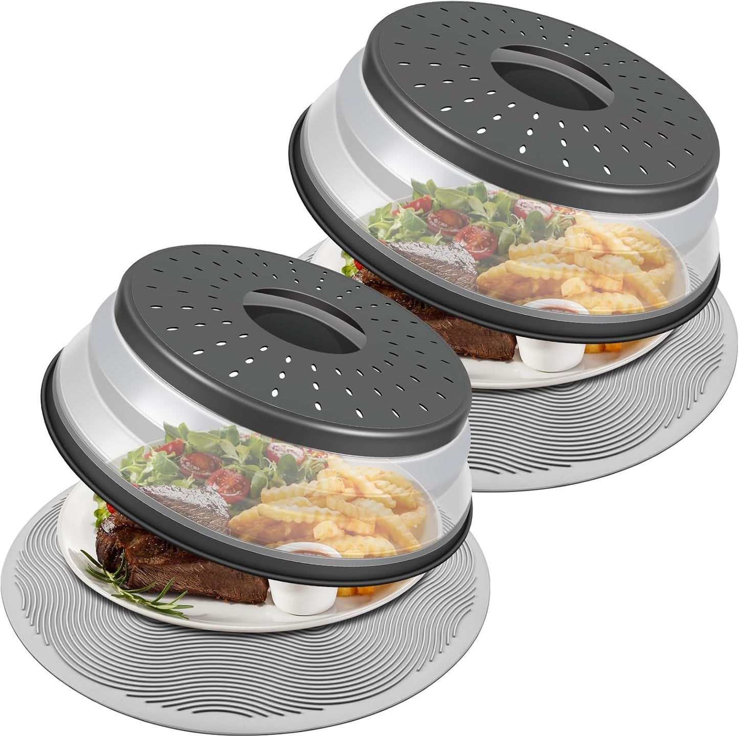 LekDrok Microwave Food Cover with Mat 12 Inch, Mat as Bowl Holder, Cover for Splatter Guard, Collapsible Lid for Plate Dish, Multi-Purpose Silicone Mat & Kitchen Colander Gadget for Meal Prep,Charcoal