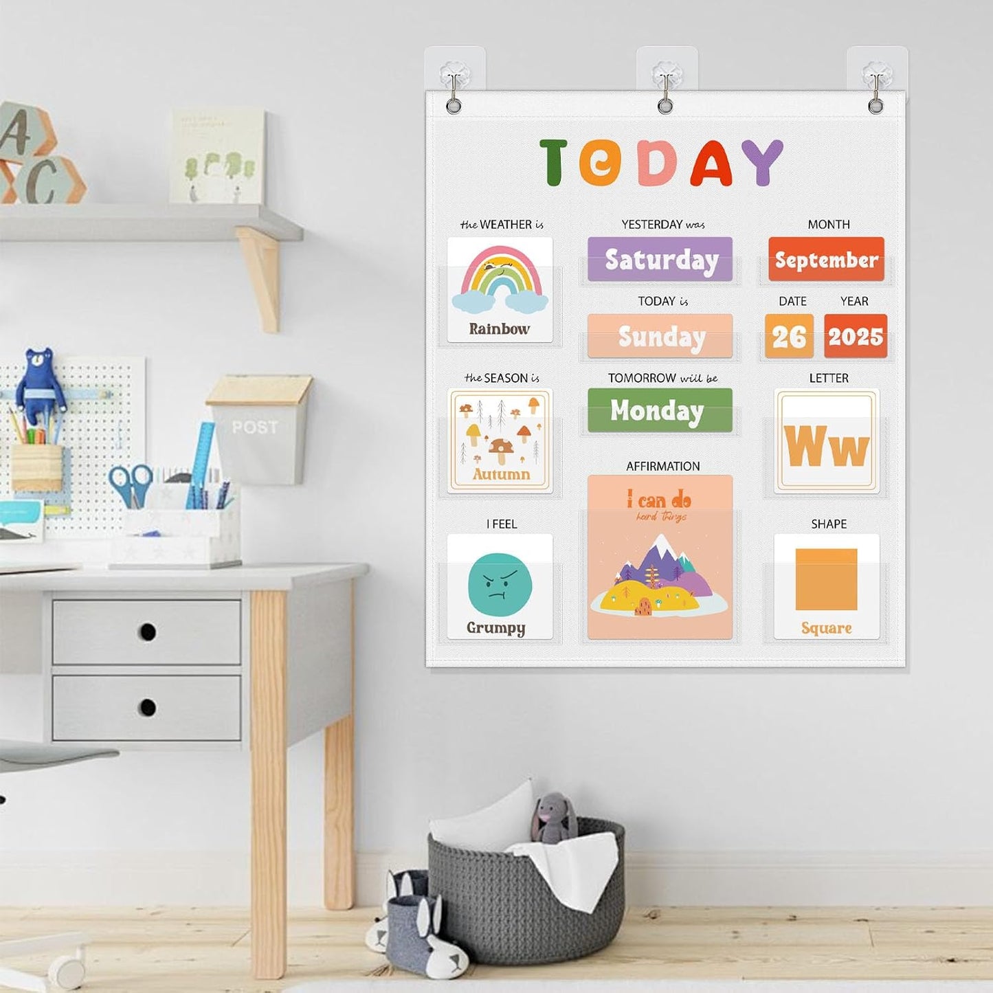 Daily Morning Board Circle Time Calendar Weather Seasons Positive Affirmations Letter Shape Number of the Day Pocket Chart,Toddler Preschool Calendar,Homeschool Morning Work Activity, Pastel Design
