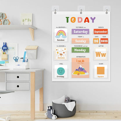 Daily Morning Board Circle Time Calendar Weather Seasons Positive Affirmations Letter Shape Number of the Day Pocket Chart,Toddler Preschool Calendar,Homeschool Morning Work Activity, Pastel Design