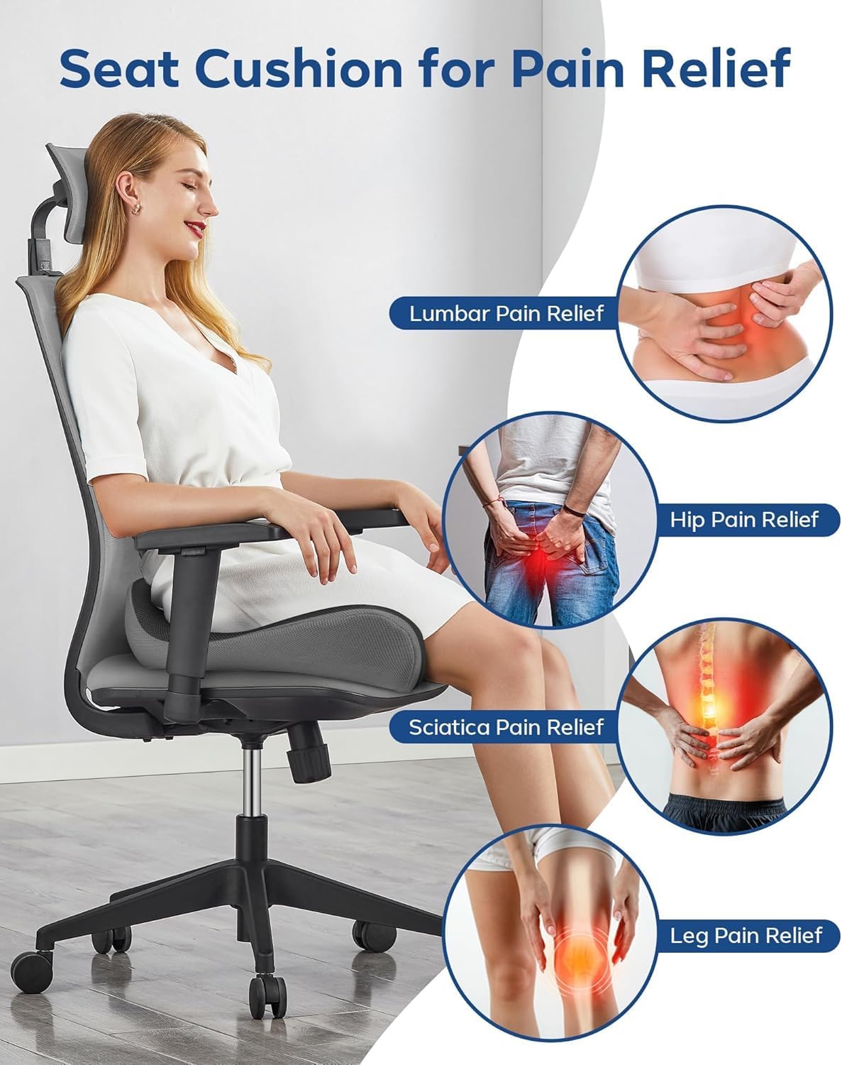 Seat Cushion for Office Chair - Memory Foam Tailbone Cushion | for Desk Chair, Car Seat and Wheelchair - Ergonomic Chair Pad for Hip and Lower Back Comfort - Washable Mesh Cover