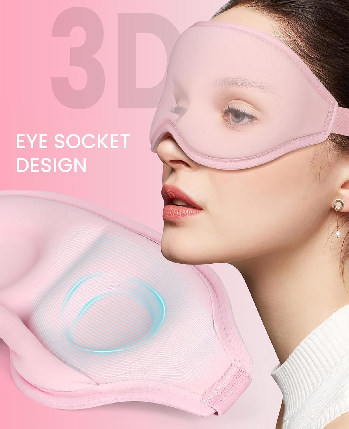 Sleep Mask for Side Sleeper Women Men, Light Blocking Eye Mask for Sleeping, 3D Contoured Cup Sleeping Mask for Zero Eye Pressure, with Adjustable Elastic Strap for Sleep Travel, Pink