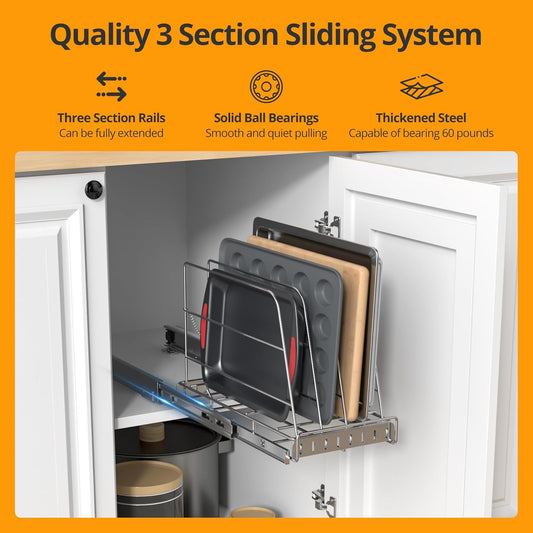 Pull Out Cabinet Organizer for Cutting Board, Cookie Sheet, Baking Sheet | Stainless Steel Sliding Rack for Bakeware & Trays, Heavy-Duty Cutting Board Organizer