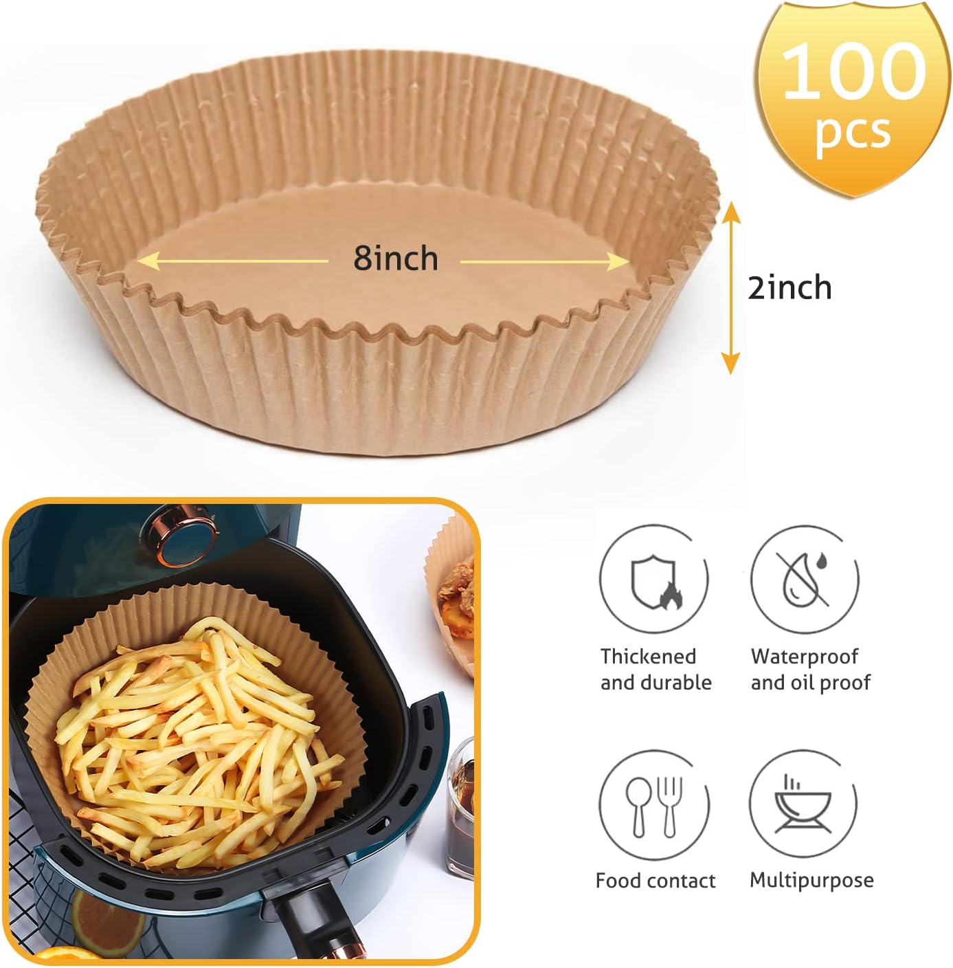 Ailun 100PCS Air Fryer Paper Liners 8 Inch,for 5-8 QT Air Fryer | Oil Resistant, Disposable Food Grade, Free of Bleach Paper, Round, Non-Stick Parchment Paper, Baking, Roasting, Microwave